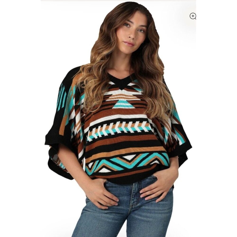 Wrangler Womens Aztec Black Beauty Boxy Poncho Sweater Western NWOT